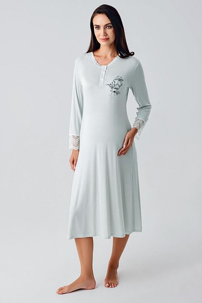 Artış Long Sleeve Patterned Lace Buttoned Stretchy Viscous Maternity Nightgown Dressing Gown Set