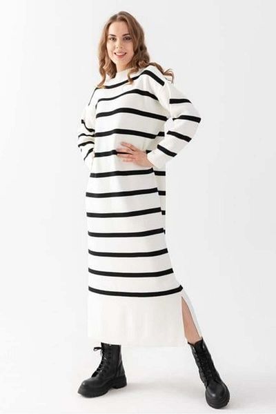 Irmak Kerekli Women's Ecru-Black Striped Oversize Knitwear Dress 71135