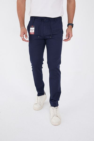 BROCARD Men's Seasonal Jogger Slimfit Mold Waist Half Elastic Lycra Navy Blue Linen Trousers