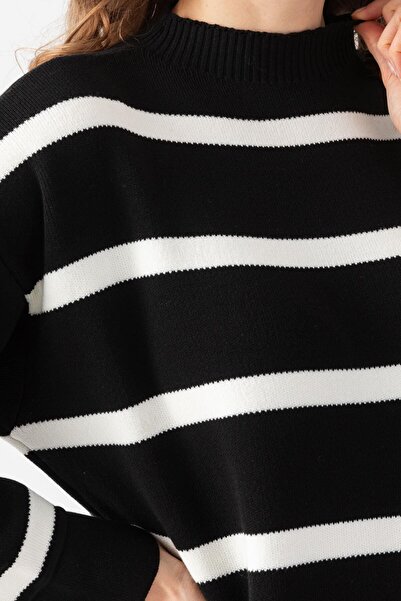 Irmak Kerekli Kadın Siyah-ekru Çizgili Oversize Triko Elbise 71135