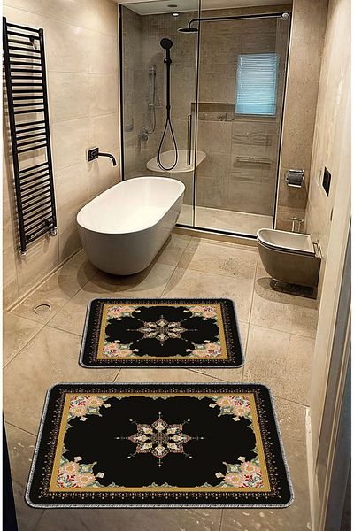 Artızon Set Covoraș de baie lavabil, decorativ, modern, negru, cu bază anti-alunecare - 50x60/60x90 cm