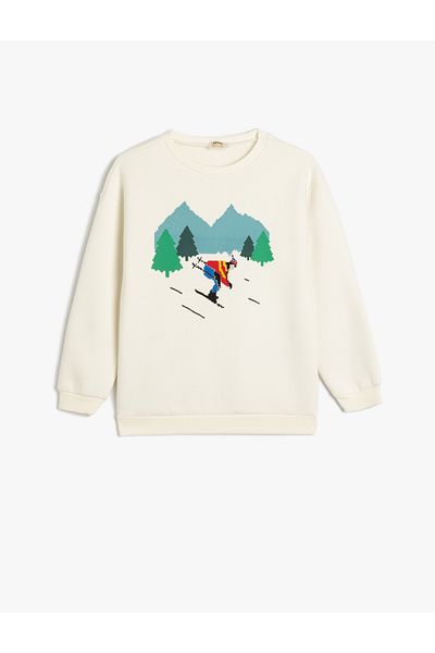 Koton Langärmliges Raster-Sweatshirt mit Ski-Print – Rundhalsausschnitt