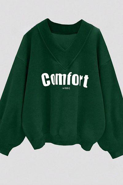 Know Women's 3 Thread Green Comfort in Paris Printed V-Neck Oversize Sweatshirt