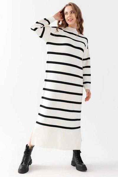 Irmak Kerekli Women's Ecru-Black Striped Oversize Knitwear Dress 71135