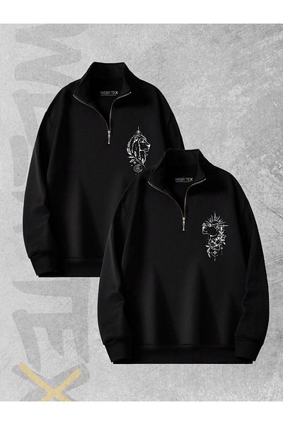 WEARTEX 2-Piece Half Zipper Men's Lion Tooth Lion Printed Lover Couple Sweatshirt