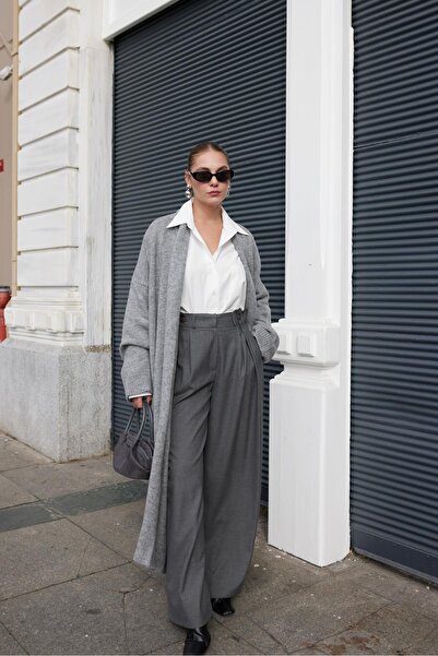 Askı Nişantaşı Gray Button and Clamp Detailed Palazzo Trousers