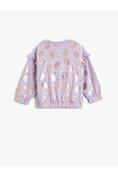 Koton Shiny Unicorn Printed Sweat Ruffle Detailed Long Sleeve Cuffs and Elastic Waist