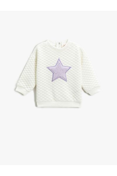 Koton Quilted Sweatshirt Soft Textured Plush Star Applique Detailed Crew Neck