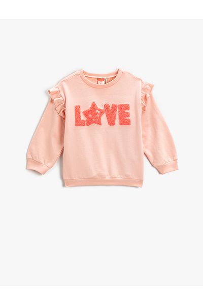 Koton Ruffled Sweatshirt with Plush Detail, Crew Neck, with Ribbon