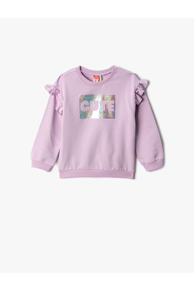Koton Frilly Printed Sweatshirt Long Sleeve Crew Neck With Ribbon