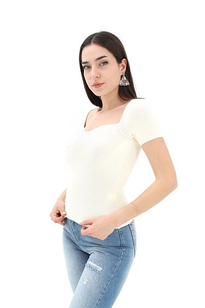 Moka Shopin Mokashopin Ecru Knitwear Sweater - Princess Collar, Short Sleeve