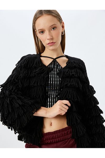 Koton X Inji - Crop Tasseled Textured Button Detailed Cardigan