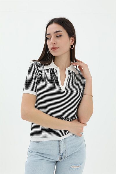 Moka Shopin MokaShopin Pulover tricotat cu guler polo cu dungi subțiri - alb