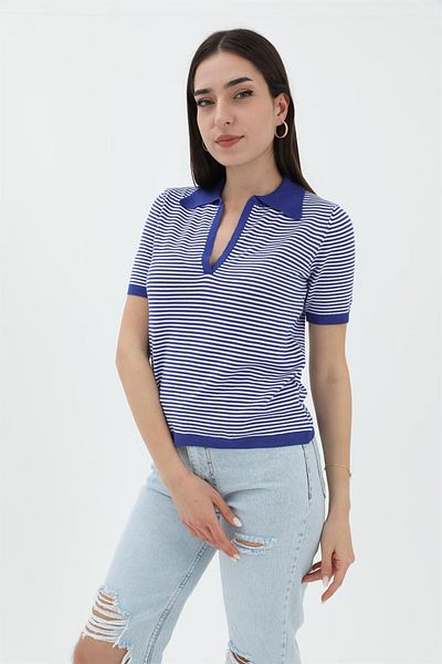 VAPUR Pulover tricotat cu guler polo cu dungi - Sax Blue
