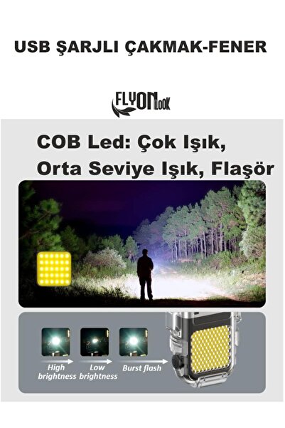 FLYONLOOK USB ŞARJLI FENER- ELEKTRONİK ÇAKMAK FONKSİYONLU KAMP  TAŞIMA ASKILI ÇAKMAKLIK SEYEHAT KİLİTLİ KAPAK