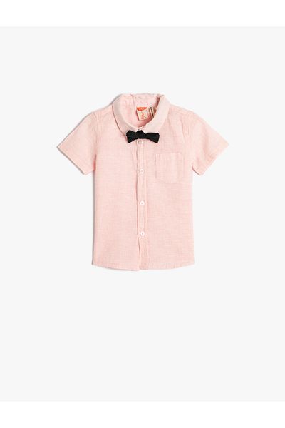 Koton Linen Shirt Short Sleeves with Bow Tie and Pocket Detail