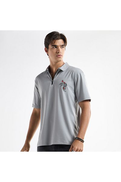 FAV Typographic Print Polo T-shirt with Short Sleeves and Zip Closure