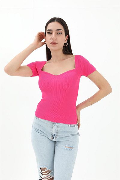 VAPUR Pulover cu mânecă scurtă cu guler prințesă fucsia