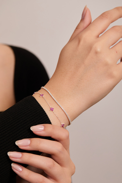 Elika Silver 925 Ayar Gümüş Su Yolu - Pembe Zirkon Taşlı Minimal Bileklik İki...