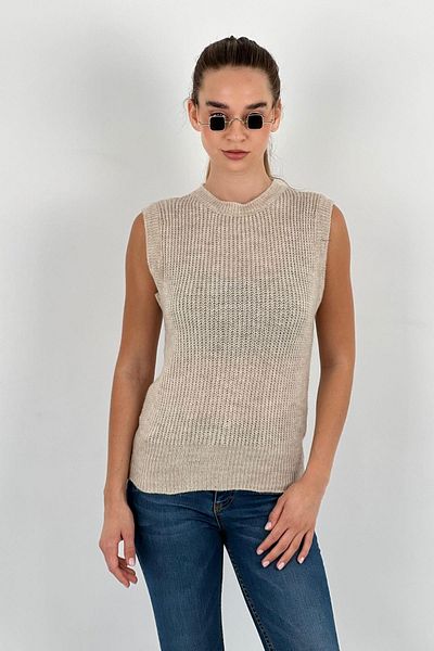 Miss Poem Women's Crew Neck Sleeveless Straps Loose Beige Knitwear Sweater