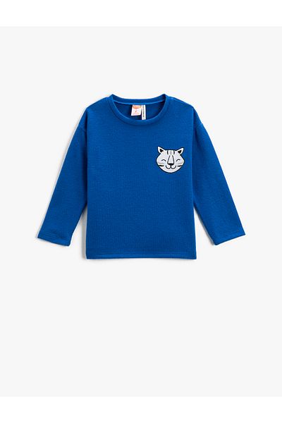 Koton Tričko s dlouhým rukávem Crew Neck Cat Applique Detailed