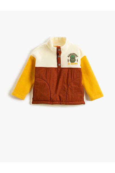 Koton Polar Sweatshirt High Collar Snap Button Detailed Color Contrast Pocket