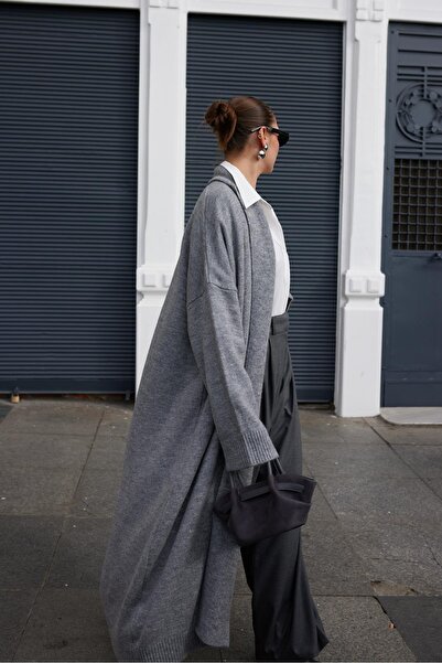 Askı Nişantaşı Gray Shawl Collar Long Cardigan