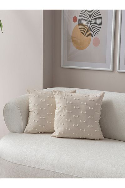 BUGİ HOME COLLECTİON Λινάρι Μαξιλαροθήκη 43x43cm - Μοτίβο ρίγες και κεντημένο με διάτρηση, διακοσμητικό