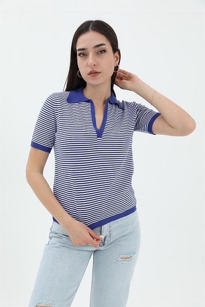 VAPUR Pulover tricotat cu guler polo cu dungi - Sax Blue