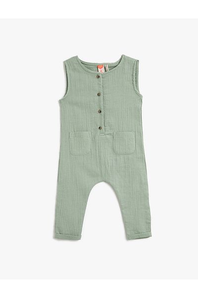 Koton Jumpsuit Cotton Buttoned Sleeveless Pocketed Muslin Fabric