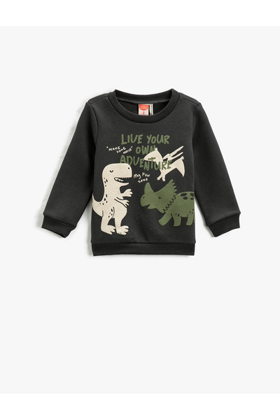 Koton Памучен суичър с щампа на динозавър с дълъг ръкав и кръгла яка