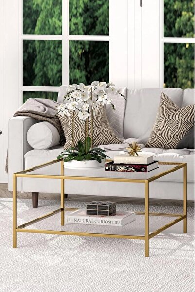 tino furniture Oslo Gold 2 Raflı Metal Kare Orta Sehpa Şeffaf Camlı