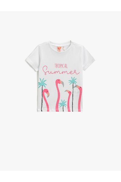 Koton Flamingo Printed T-Shirt Short Sleeve Crew Neck Glitter