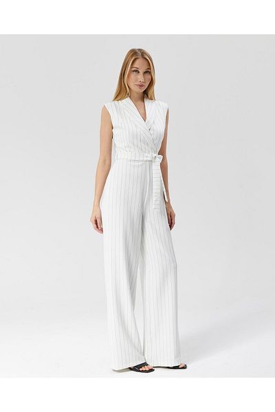 Appleline White Striped Belted Women's Jumpsuit