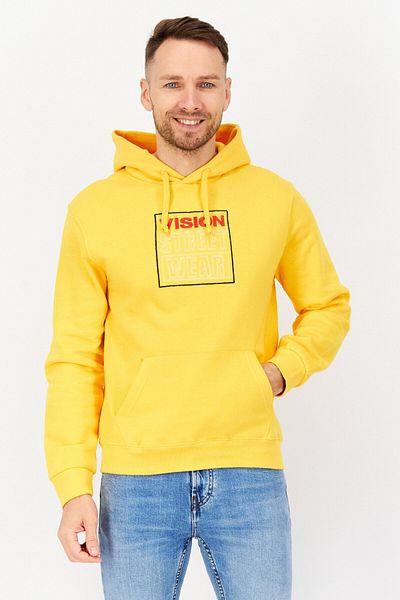 Vision Street Wear Men Hooded Embroidered Long Sleeves Sweatshirt, Yellow