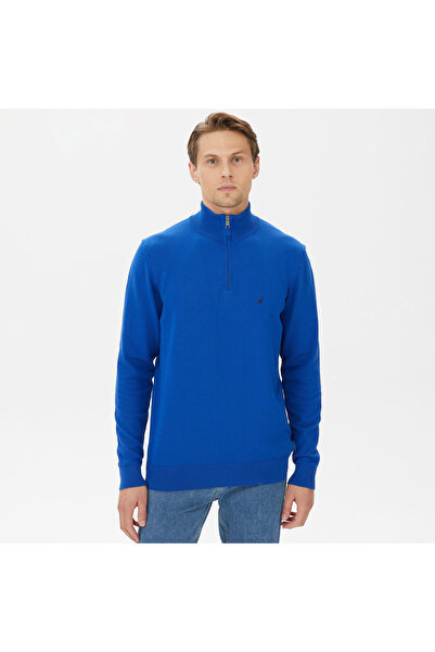 Nautica Erkek Mavi Standart Fit Dik Yakalı Kazak