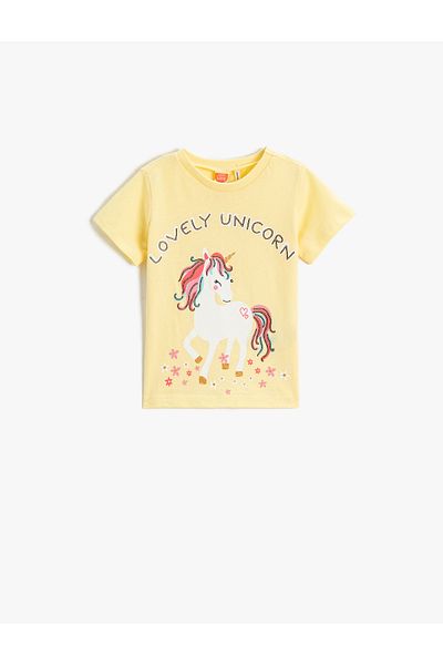 Koton Unicorn Printed Short Sleeve T-Shirt Crew Neck Glitter