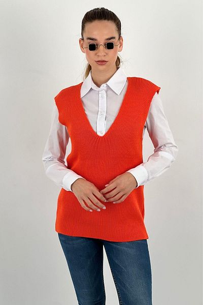 Miss Poem Women's V-Neck Sleeveless Strap Hijab Winter Orange Knitwear Sweater