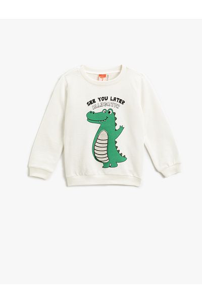 Koton Dinosaur Printed Sweatshirt with Applique Detail Long Sleeve Crew Neck