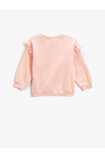Koton Ruffled Sweatshirt with Plush Detail, Crew Neck, with Ribbon
