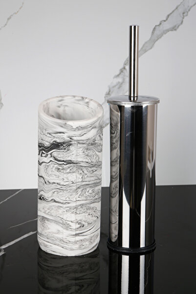 betonmall Бетонна четка за тоалетна с мраморна шарка от 2 части Метална поставка за тоалетна четка