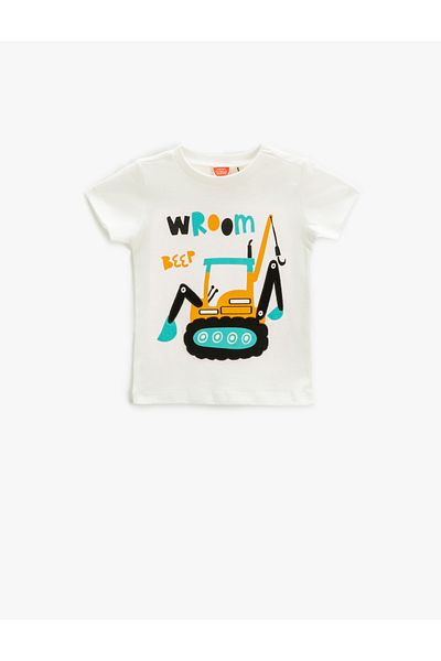 Koton Cotton T-Shirt Bulldozer Printed Short Sleeve Crew Neck