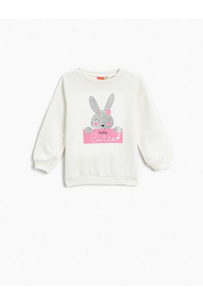 Koton Glitter Rabbit Printed Sweatshirt Long Sleeve Crew Neck With Ribbon