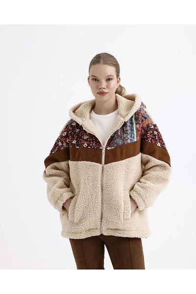 Sublime Butik Women's Oversize Retro Pattern Embroidered Lined Thick Plush Coat