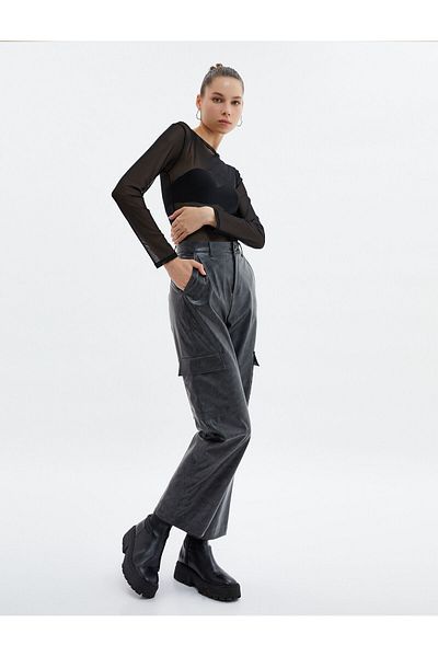 Koton Leather Look Cargo Pants Faded Effect Normal Waist Straight Wide Leg Pockets