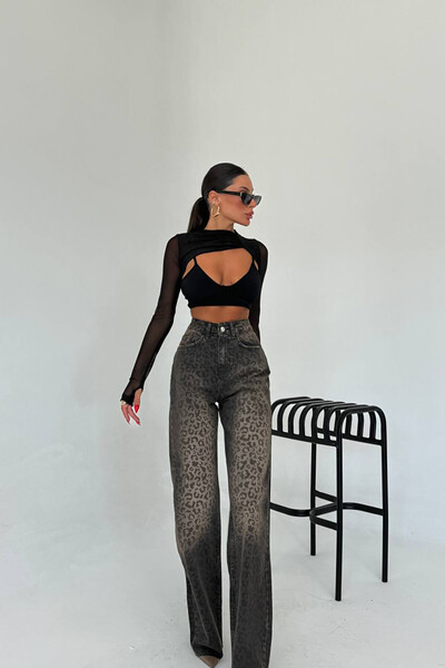 Gallogi Leopar Baskılı Straight Kahverengi Kadın Jean