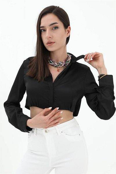 VAPUR Cămașă neagră din satin - cu talie elastică