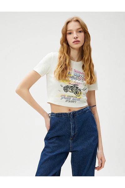 Koton Crop T-Shirt με στάμπα με λαιμόκοψη, βαμβακερό κοντό μανίκι