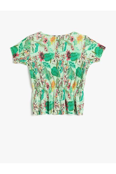 Koton Floral T-Shirt Δέσιμο στη μέση με κοντό μανίκι στρογγυλό λαιμό πλισέ