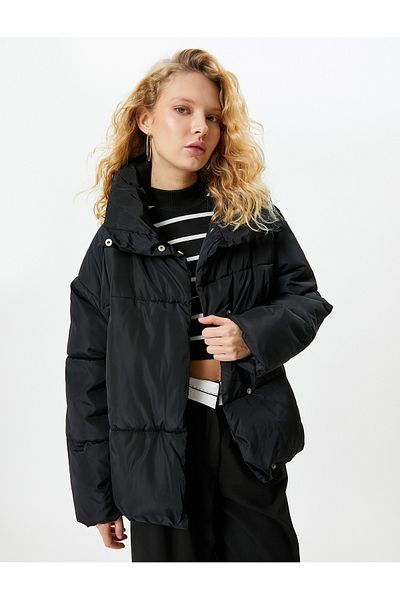 Koton Oversize Puffer Jacket Stand Collar Pocket Snap Closure